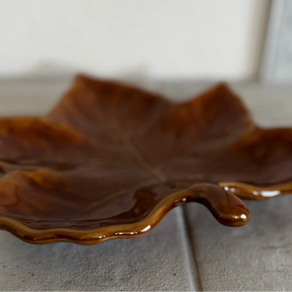 Pottery Barn Harvest Leaf Serving Plate Maple Leaf 10” Ceramic Salad Dish Brown